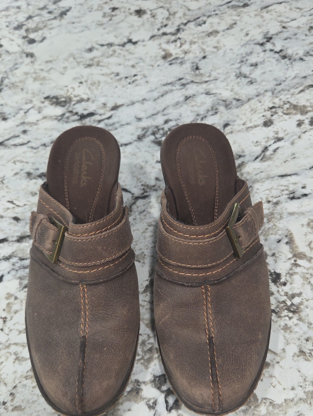 Clarks Brown Leather Slip-On Mules with Buckle Accent